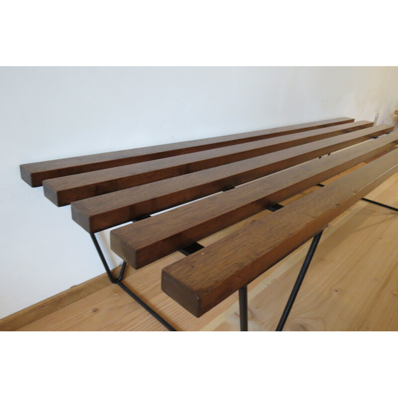 Vintage Metal and Teak Slatted Bench - 1960s