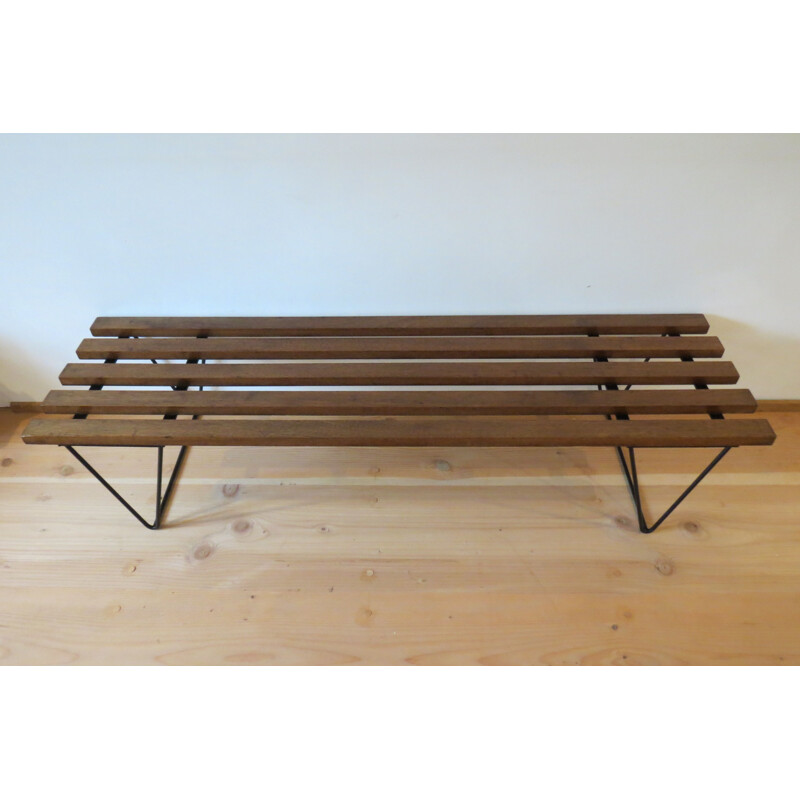 Vintage Metal and Teak Slatted Bench - 1960s