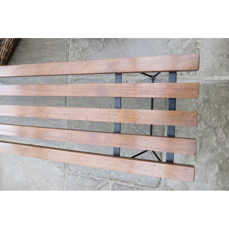 Vintage Metal and Teak Slatted Bench - 1960s