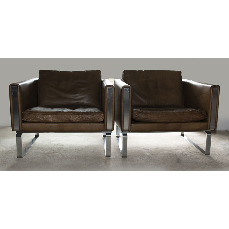 Set of 2 leather and steel lounge chairs JH 801 by Hans Wegner - 1970s