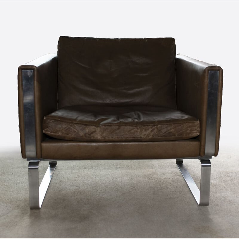 Set of 2 leather and steel lounge chairs JH 801 by Hans Wegner - 1970s