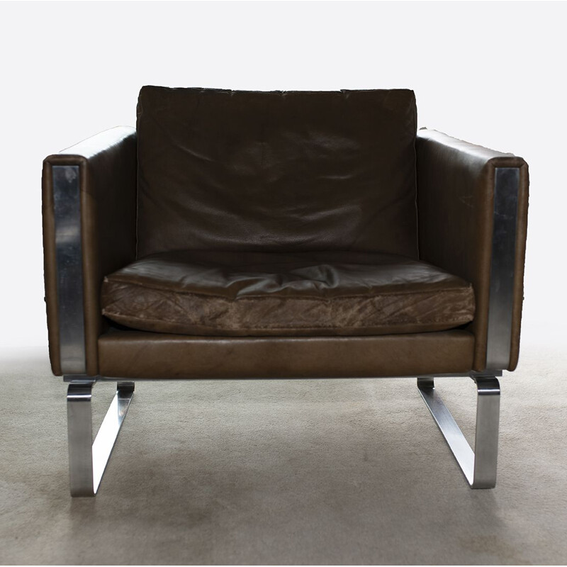 Set of 2 leather and steel lounge chairs JH 801 by Hans Wegner - 1970s