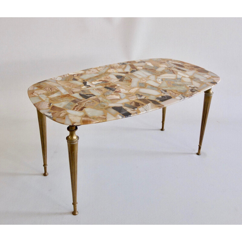 Table basse vintage mosaique en marbre et laiton  - 1950
