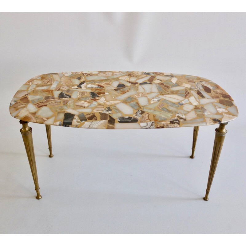 Table basse vintage mosaique en marbre et laiton  - 1950