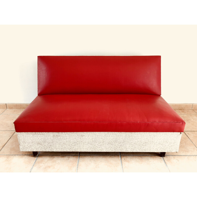 Vintage red leatherette 2 seater sofa bed - 1960s