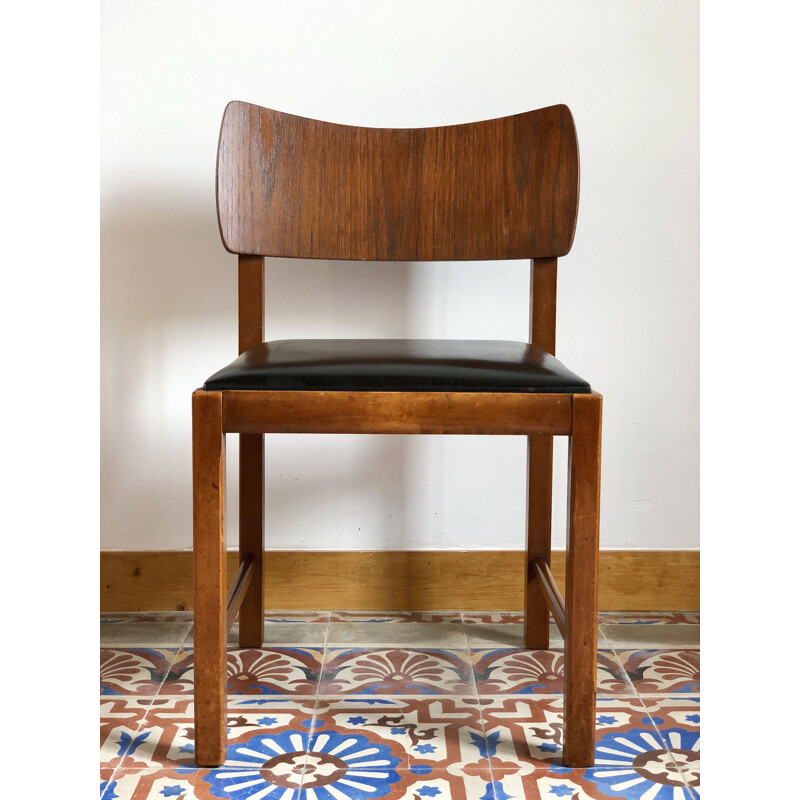Chaise vintage en bois et skaï au design scandinave - 1960