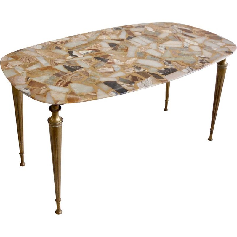 Vintage Italian coffee table in marble mosaic and brass - 1950s