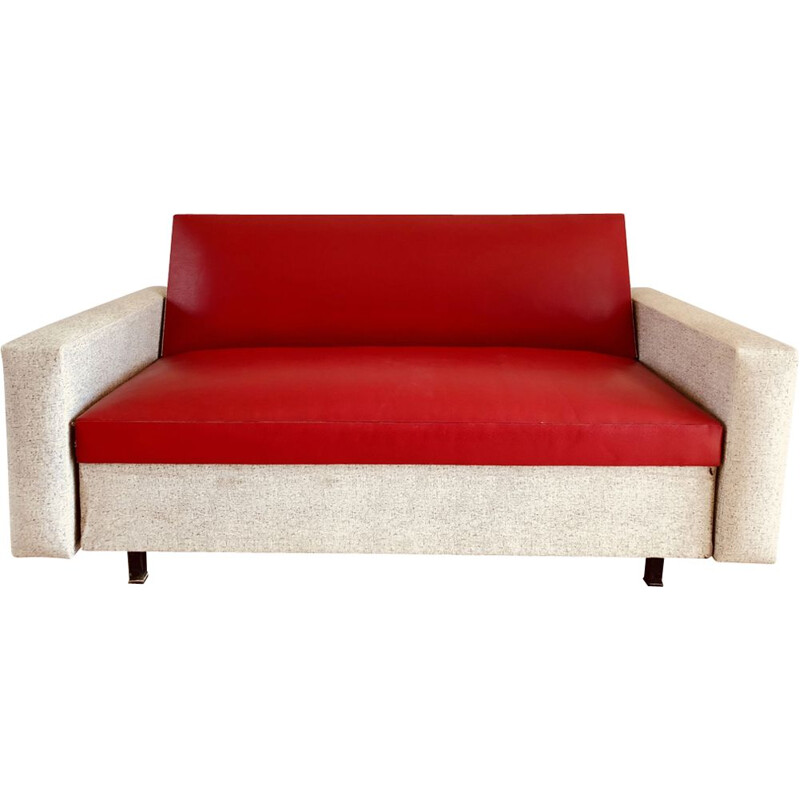 Vintage red leatherette 2 seater sofa bed - 1960s