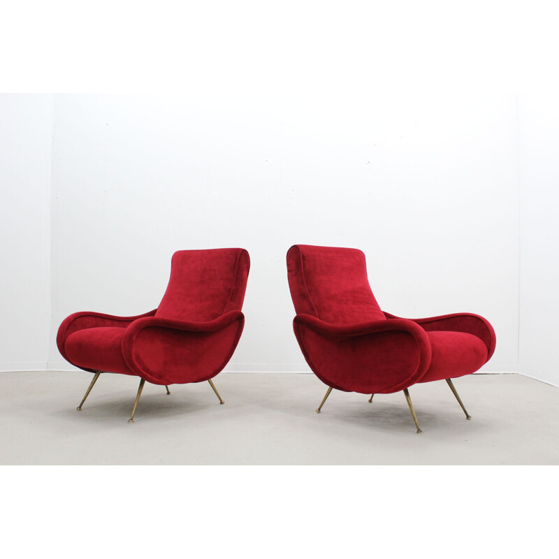 Suite de 2 fauteuils vintage rouge dralon en velours - 1950