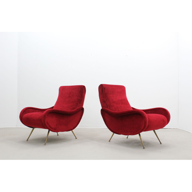 Vintage set of 2 Italian red Dralon armchairs in velvet - 1950s