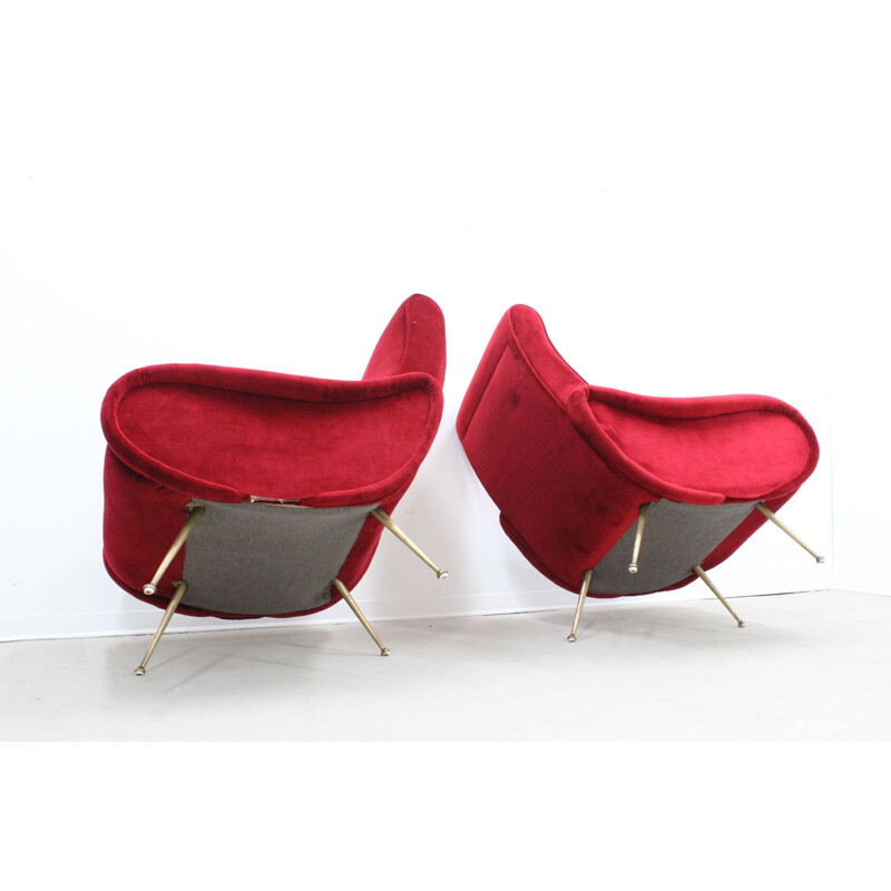 Vintage set of 2 Italian red Dralon armchairs in velvet - 1950s