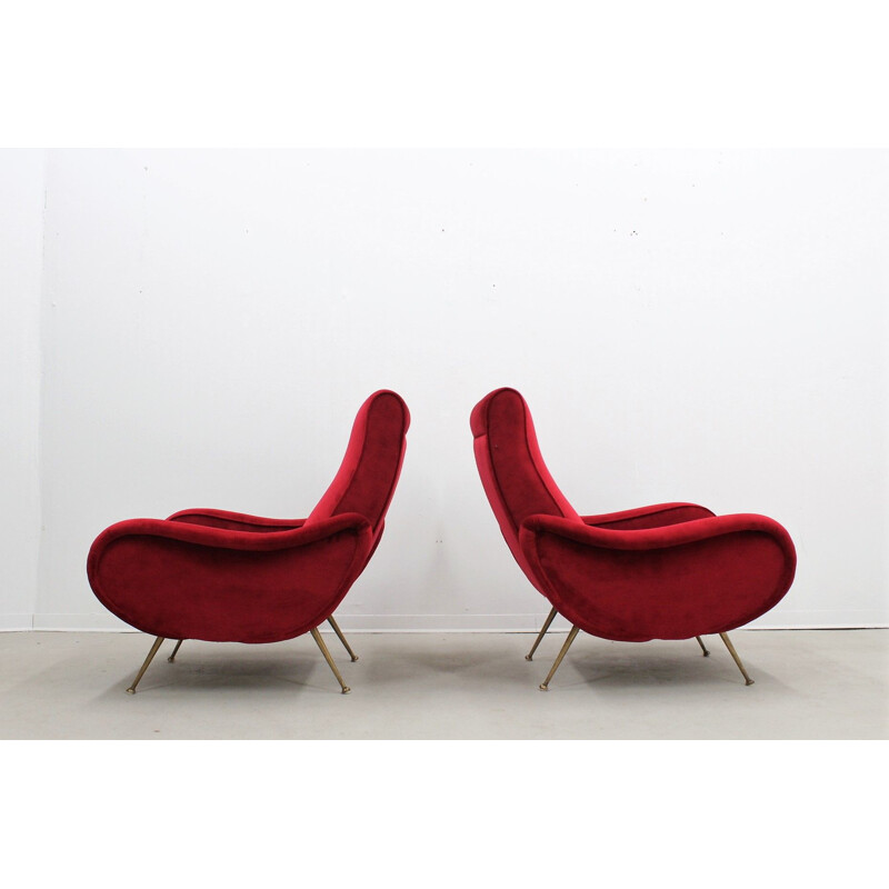 Vintage set of 2 Italian red Dralon armchairs in velvet - 1950s