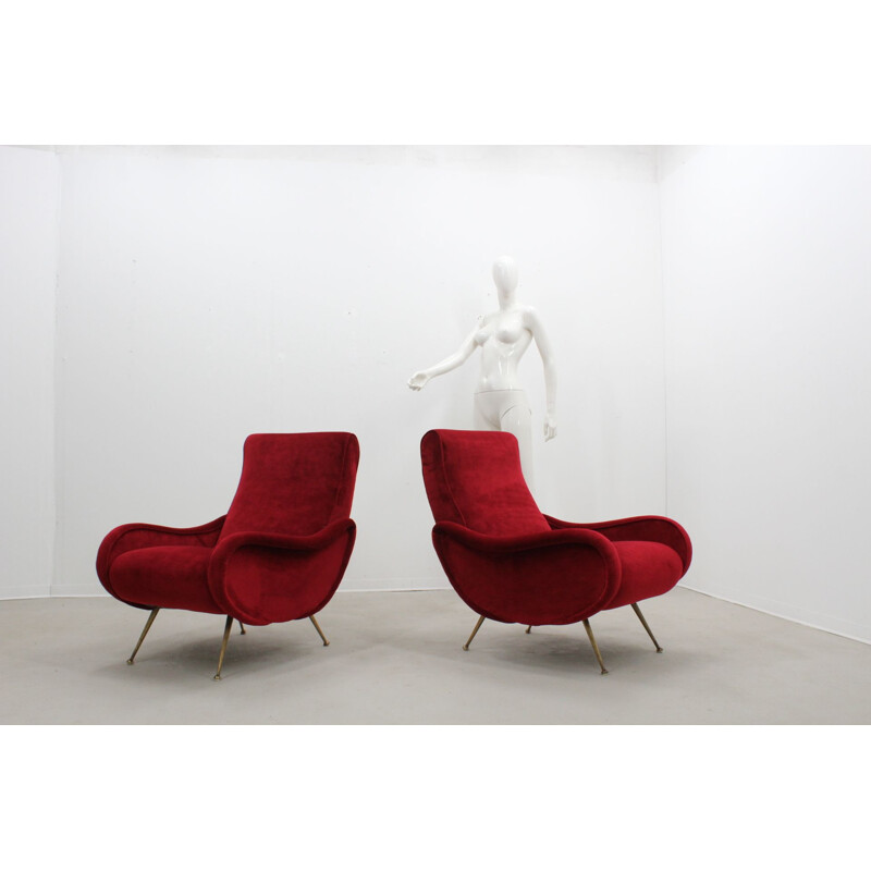 Vintage set of 2 Italian red Dralon armchairs in velvet - 1950s