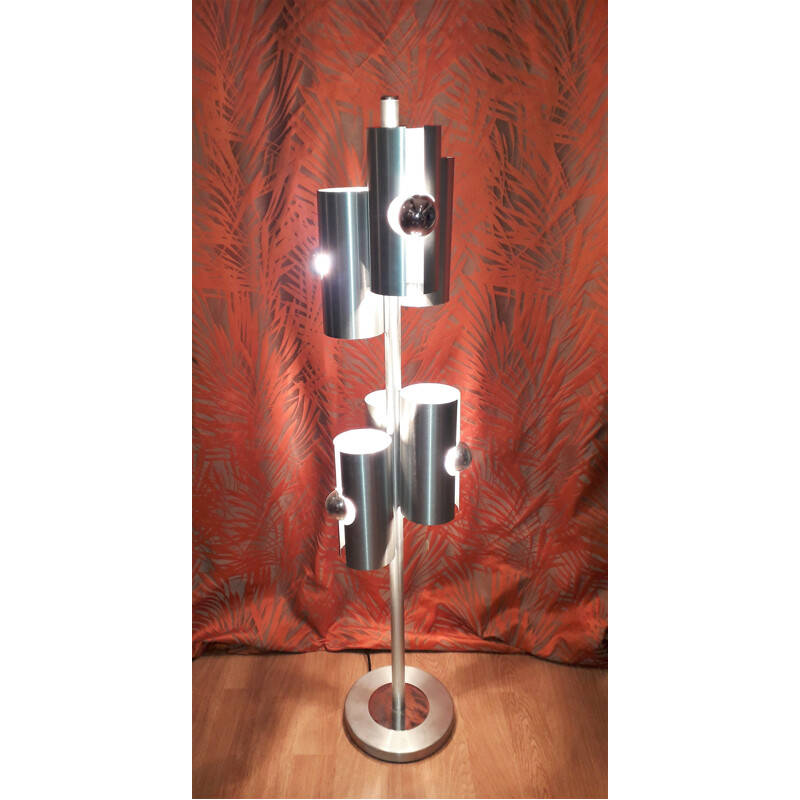 Floor lamp in chromed brushed metal with six lights - 1970s