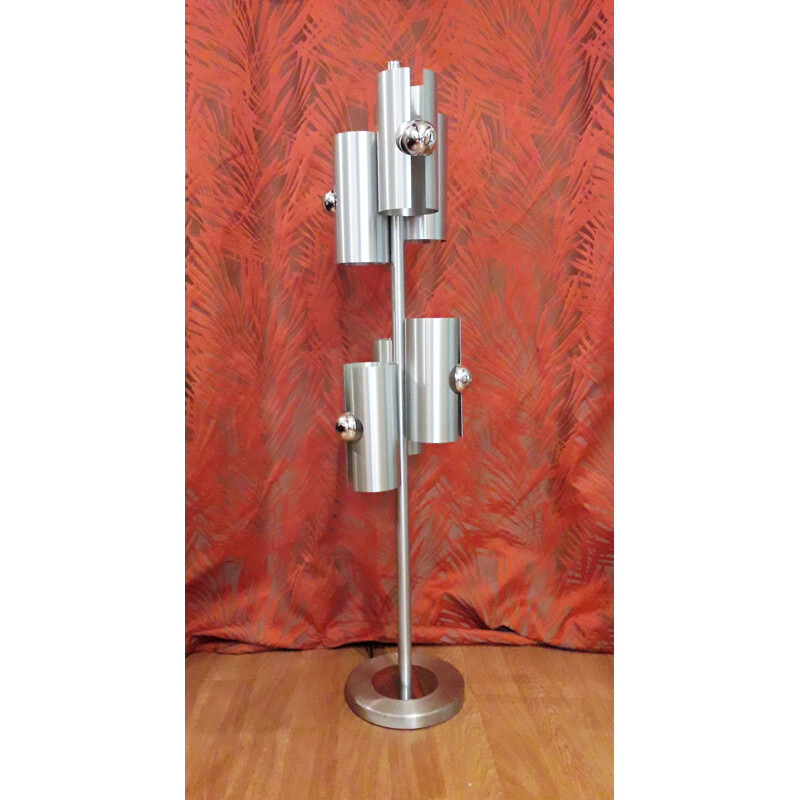 Floor lamp in chromed brushed metal with six lights - 1970s