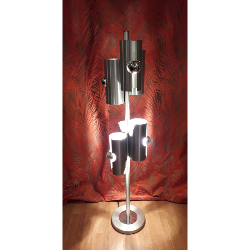 Floor lamp in chromed brushed metal with six lights - 1970s