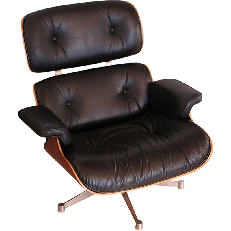 Fauteuil lounge vintage en cuir noir et palissandre par Eames pour Vitra - 1980