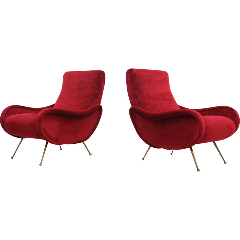 Vintage set of 2 Italian red Dralon armchairs in velvet - 1950s