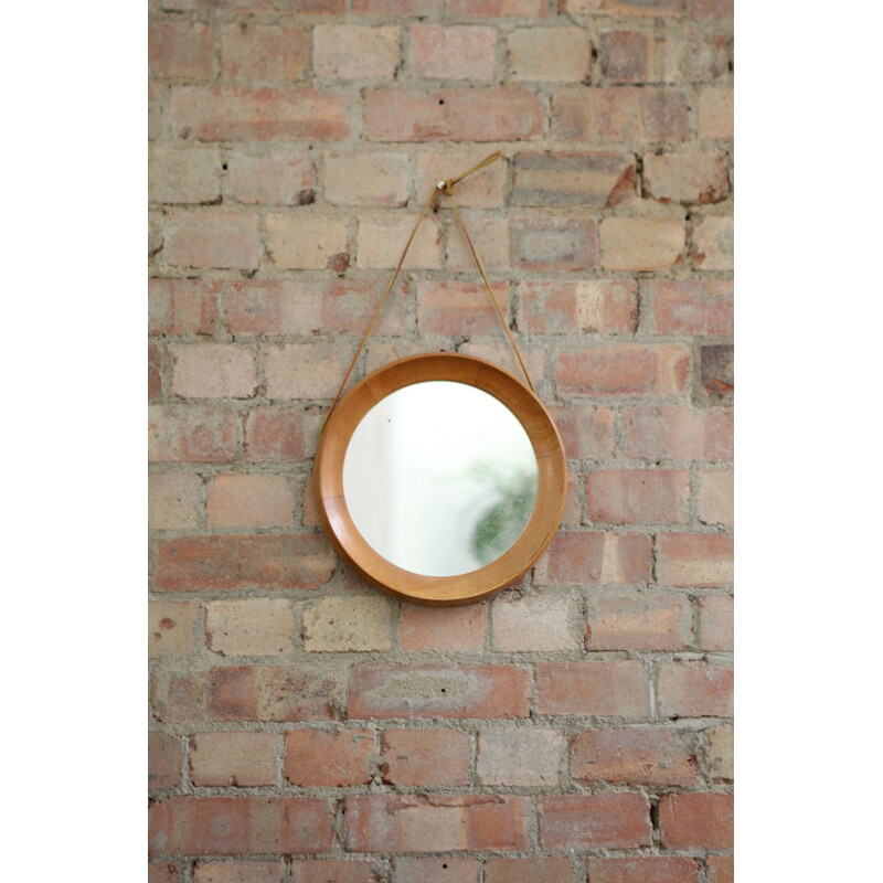 Small Round vintage Wooden Mirror with Leather Strap - 1960