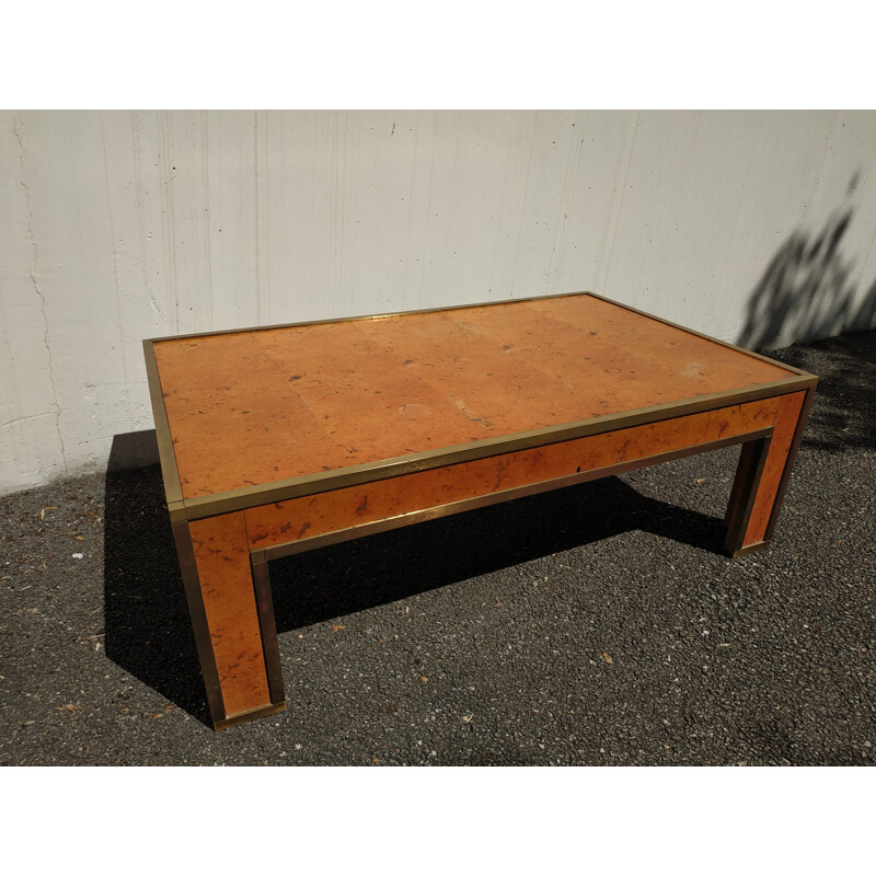 Vintage coffee table in burlwood and brass - 1970s