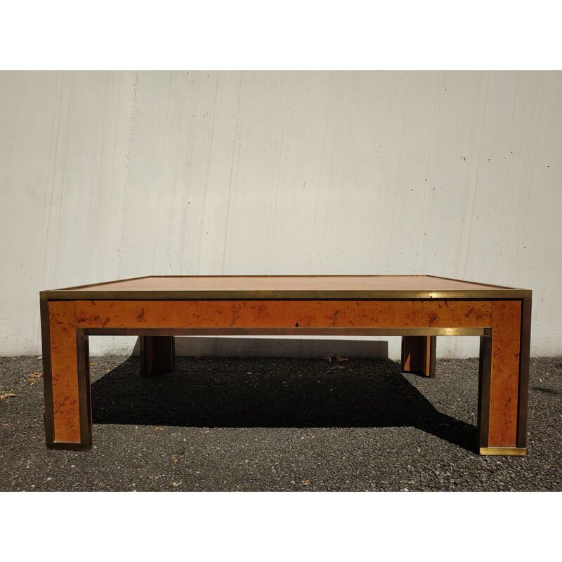 Vintage coffee table in burlwood and brass - 1970s