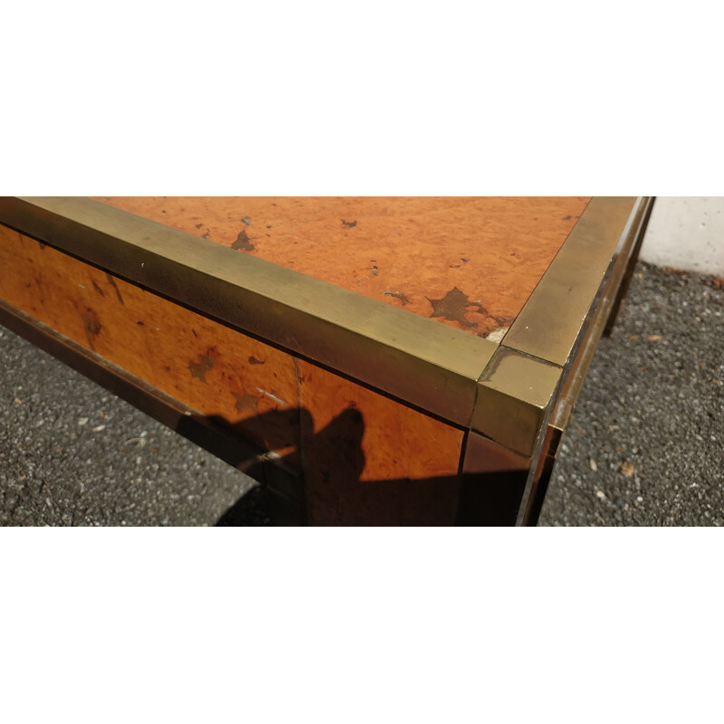 Table basse vintage en bois de loupe et laiton - 1970
