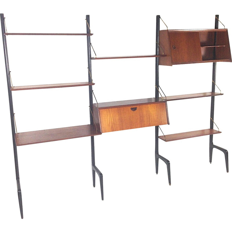 Modular shelving system in teak and brass, Louis VAN TEEFFELEN - 1960s