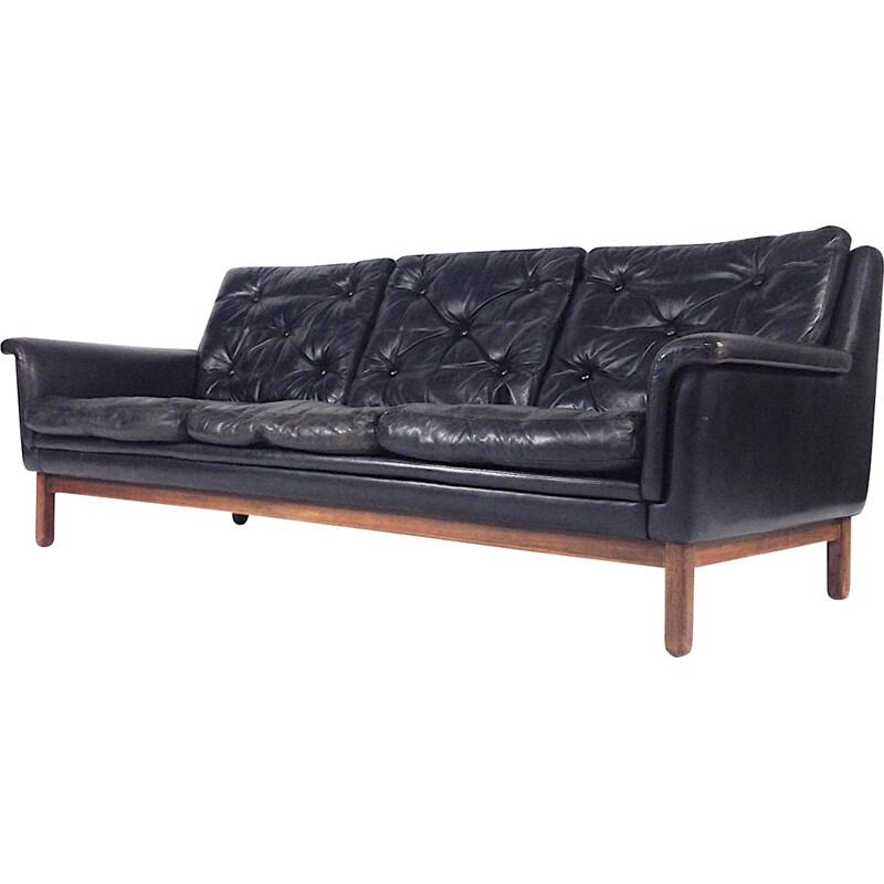 Danish 3-seater sofa in black leather and rosewood, Hans OLSEN - 1950s