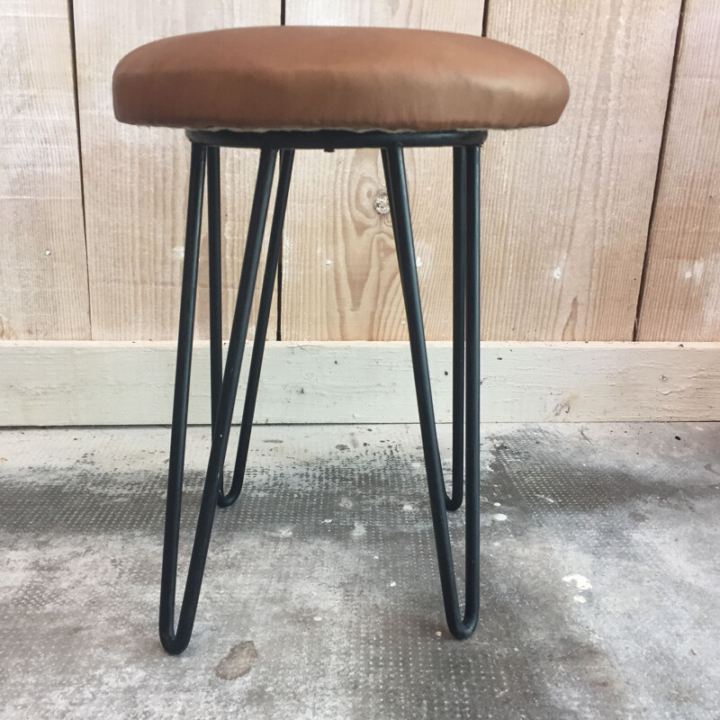 Suite de 2 tabouret Vintage en cuir et métal - 1960