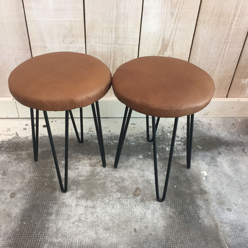 Set of 2 stool Vintage Leather and metal - 1960s