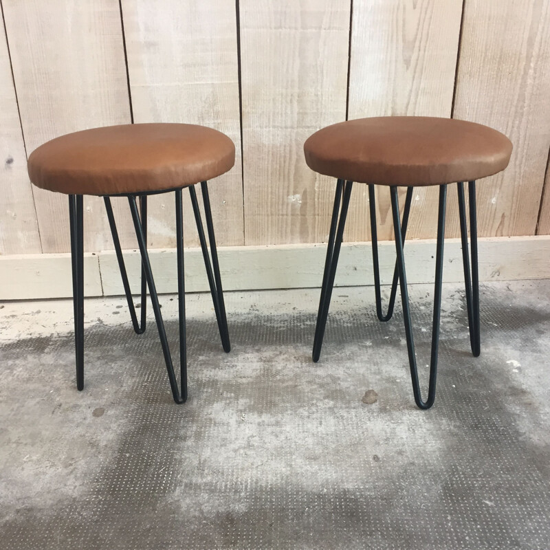 Set of 2 stool Vintage Leather and metal - 1960s