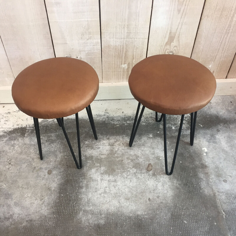 Suite de 2 tabouret Vintage en cuir et métal - 1960