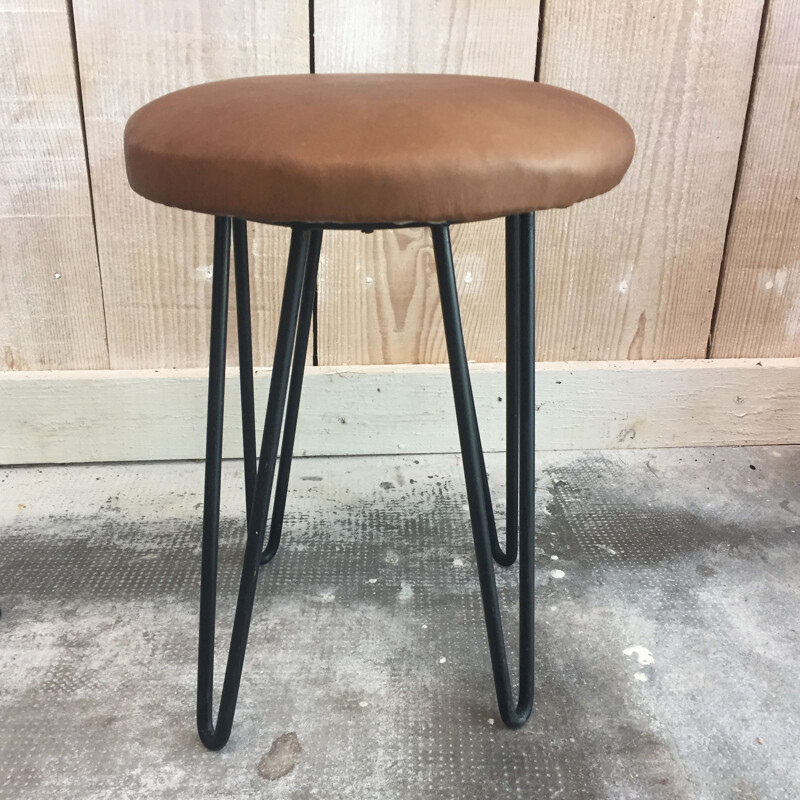 Set of 2 stool Vintage Leather and metal - 1960s