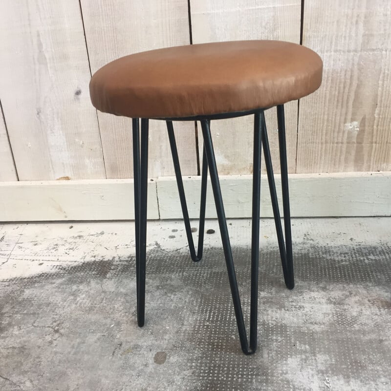 Set of 2 stool Vintage Leather and metal - 1960s