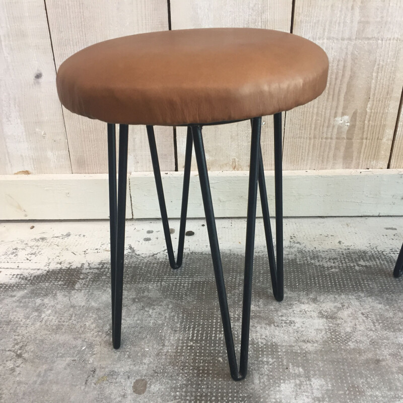 Suite de 2 tabouret Vintage en cuir et métal - 1960