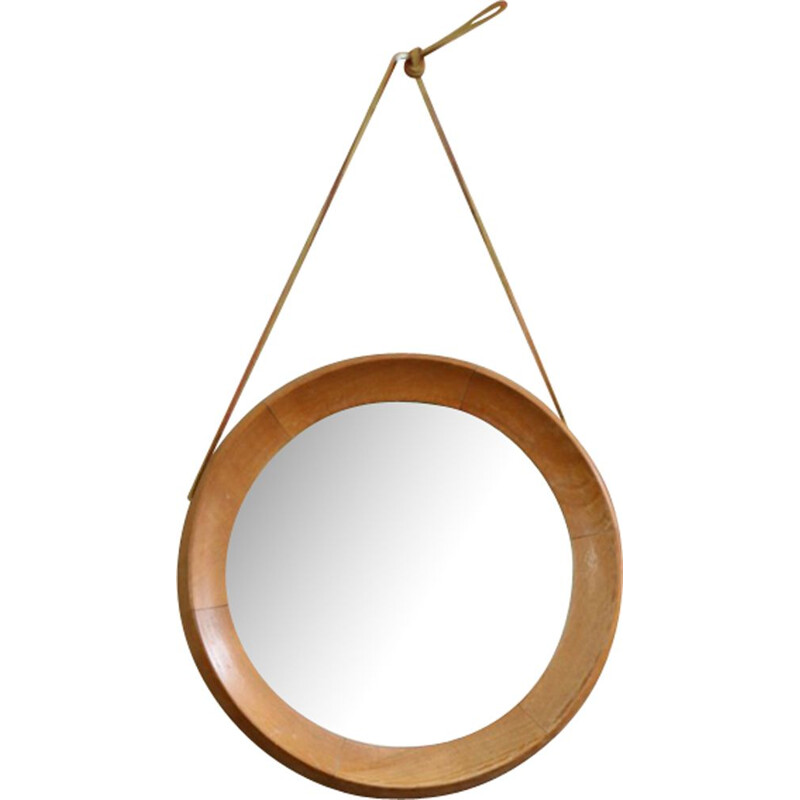 Small Round vintage Wooden Mirror with Leather Strap - 1960