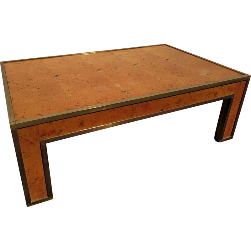 Table basse vintage en bois de loupe et laiton - 1970