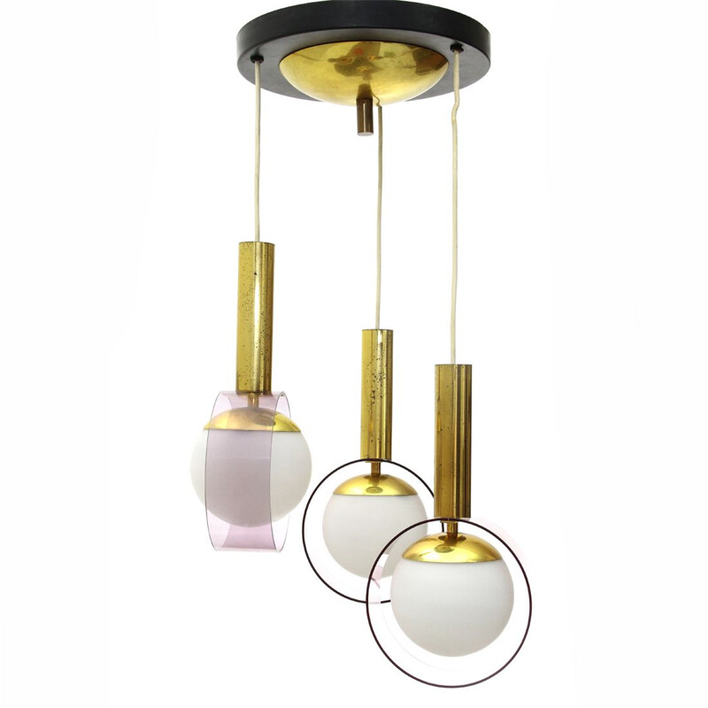 Italian Chanelier 3 pendants in brass and opaline glass lamps by Stilux - 1960s