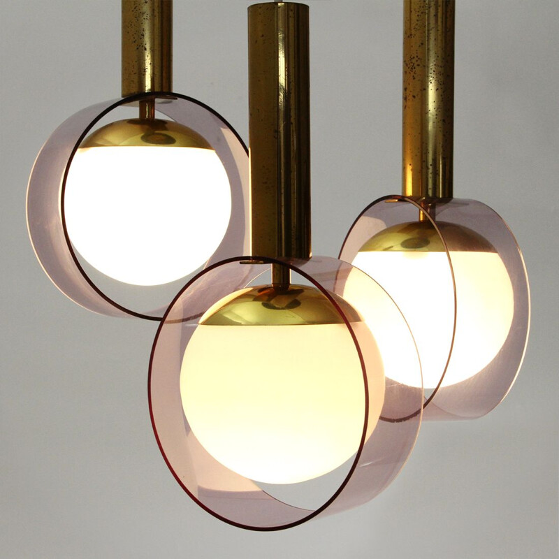 Italian Chanelier 3 pendants in brass and opaline glass lamps by Stilux - 1960s