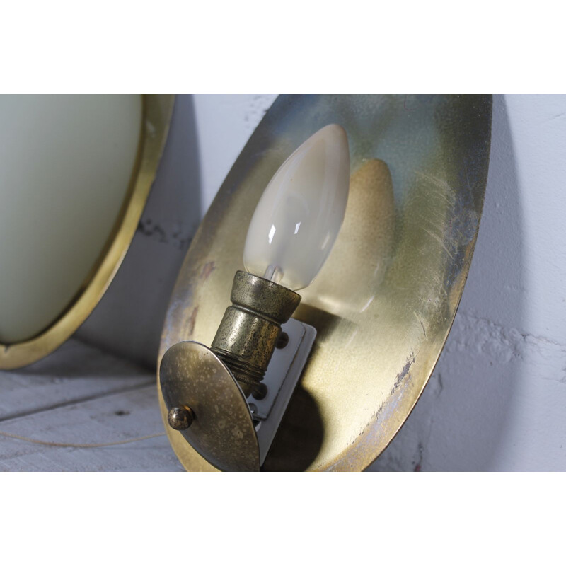 Vintage set of 3 wall lamp in brass and opaline glass - 1950s 