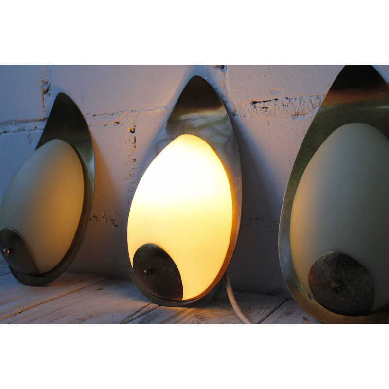 Vintage set of 3 wall lamp in brass and opaline glass - 1950s 
