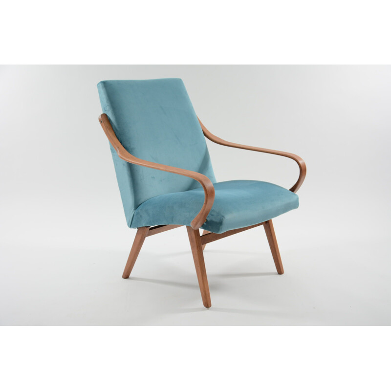 Czechoslovak Vintage blue velvet armchair - 1960s