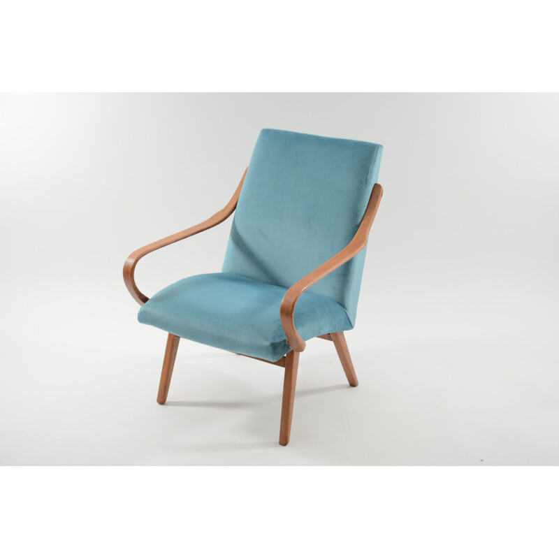 Czechoslovak Vintage blue velvet armchair - 1960s