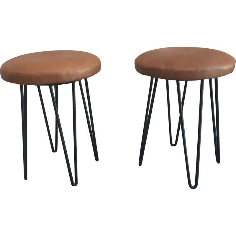 Set of 2 stool Vintage Leather and metal - 1960s