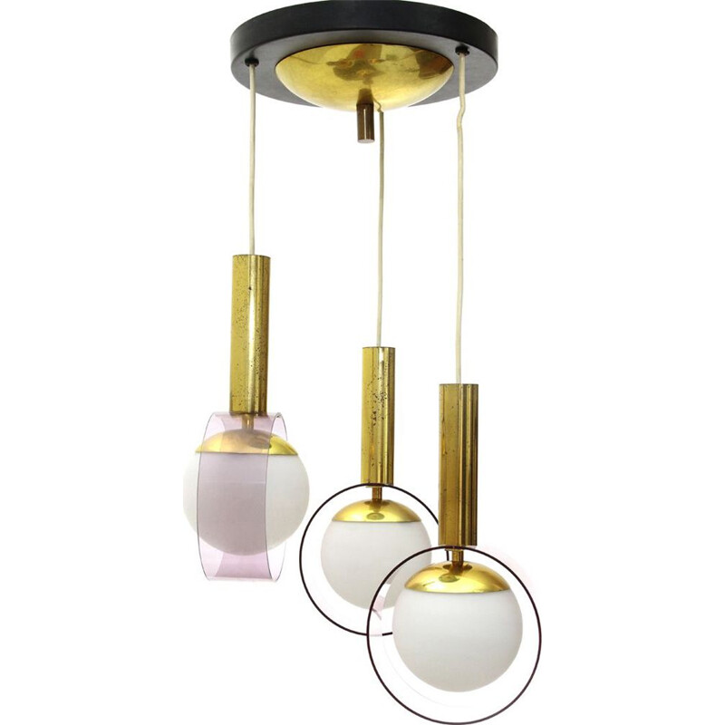 Italian Chanelier 3 pendants in brass and opaline glass lamps by Stilux - 1960s