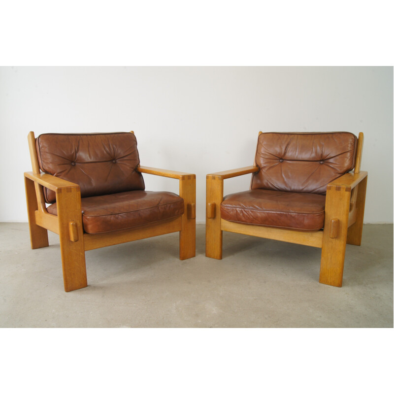 Set of 2 armchairs in brown leather by Esko Pajamies for Asko - 1960s