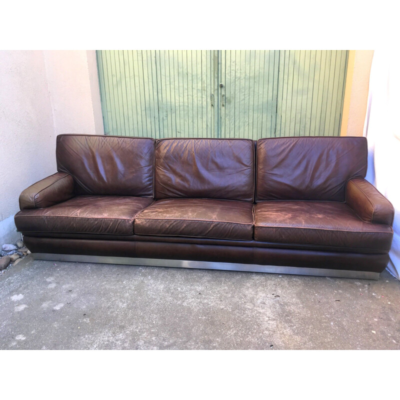 Big 2-seater convertible sofa in brown leather by Jacques Charpentier - 1970s