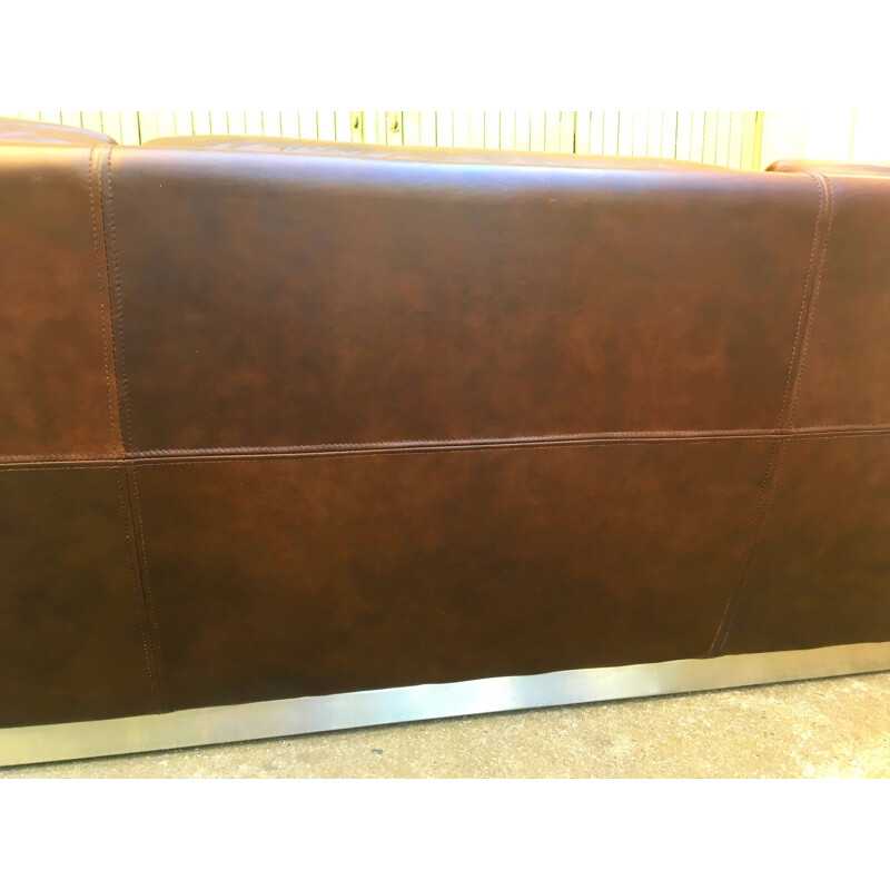 Big 2-seater convertible sofa in brown leather by Jacques Charpentier - 1970s