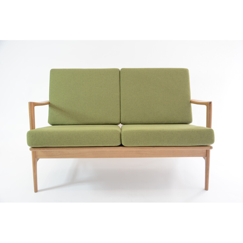 Vintage green 2-seater Bench in oak - 1970s