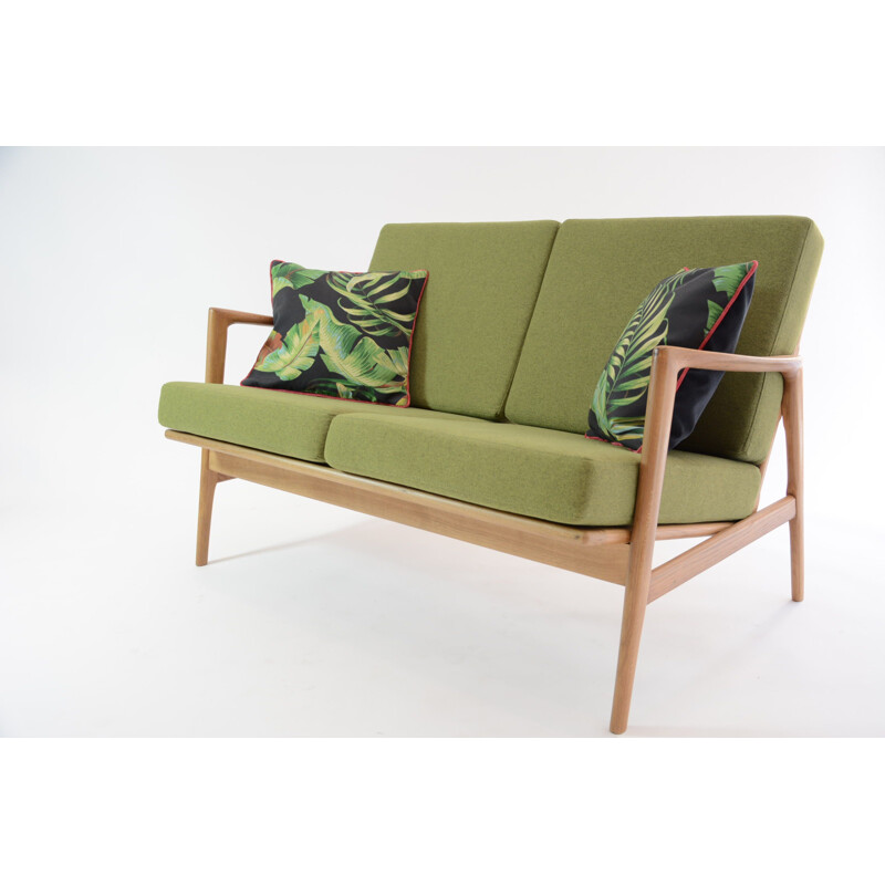 Vintage green 2-seater Bench in oak - 1970s